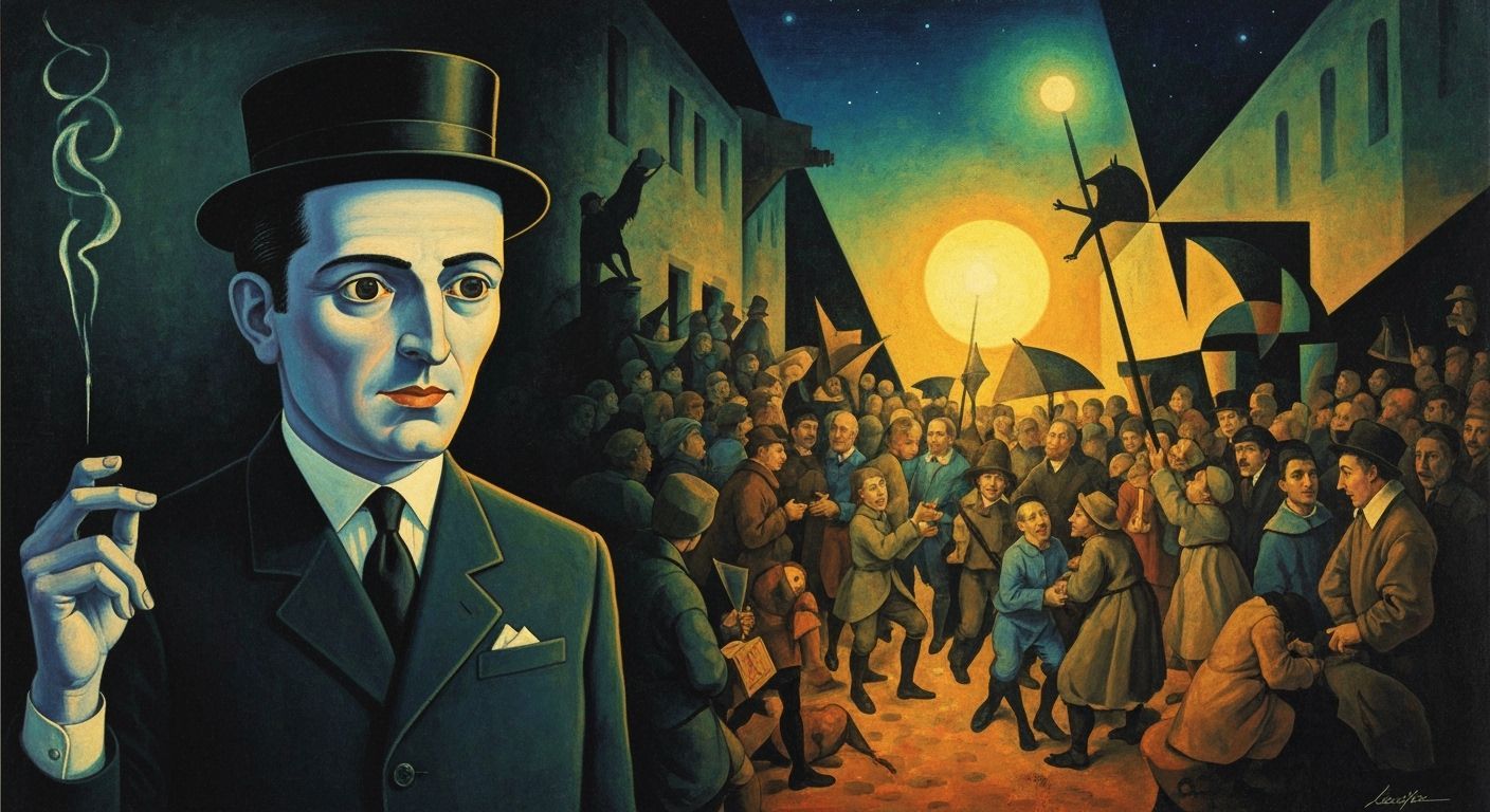 Belgian Ligne Claire Style Figure in Surreal Midnight Scene