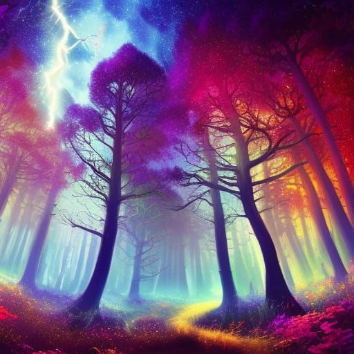 Vibrant Cosmic Forest and Sky with Lightning