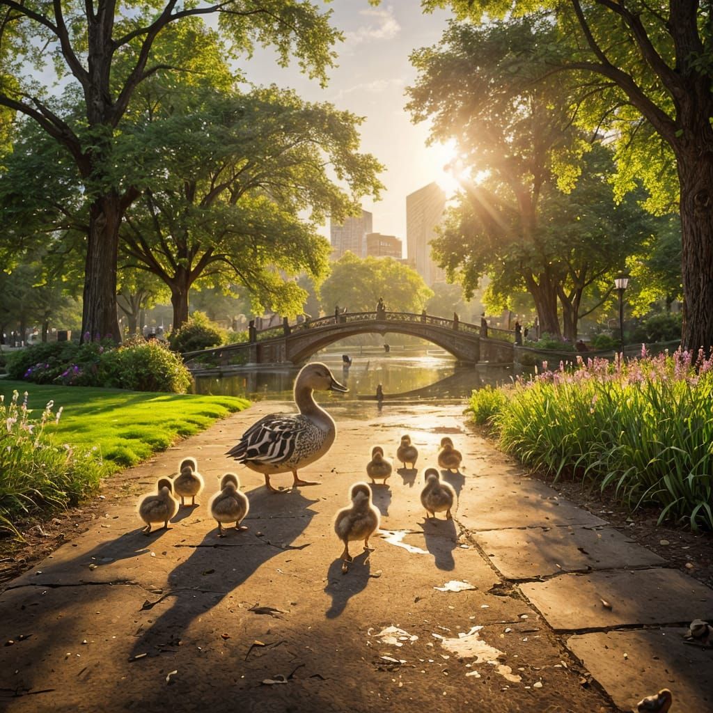 Ducklings Journey Through Boston Park: Realistic Panorama