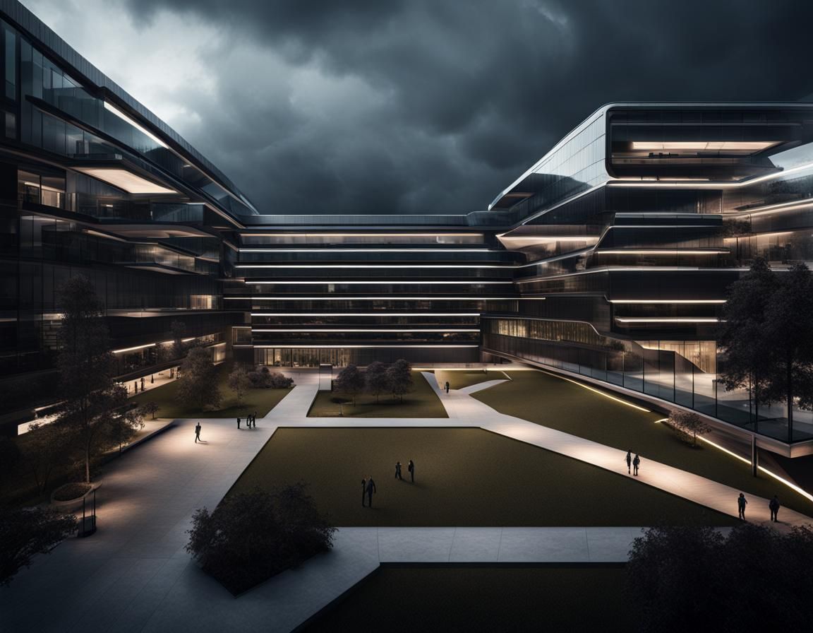 Dystopian Microsoft University Campus in Ominous Realism