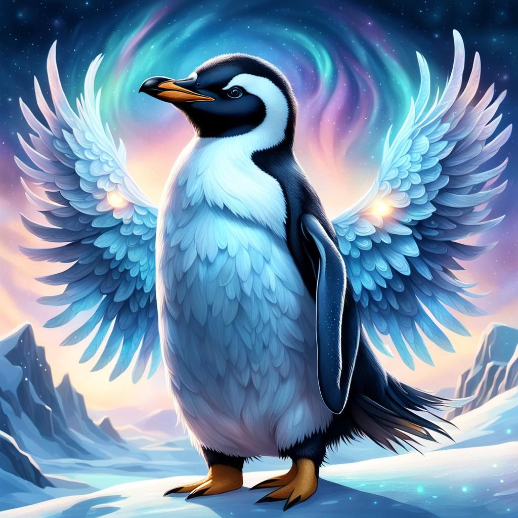 Engelpinguin with Angelic Wings and Aurora Borealis