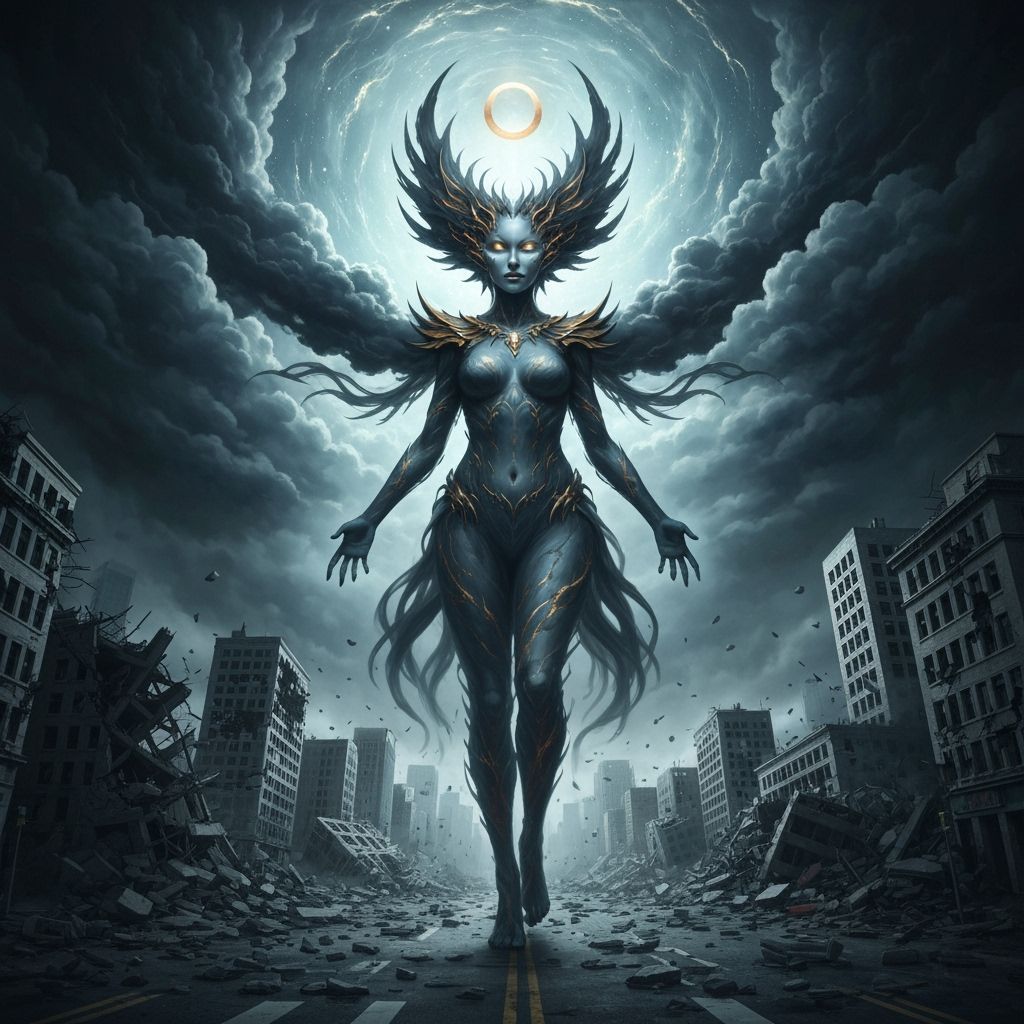 Goddess of Destruction Over Ruined City in Dark Fantasy