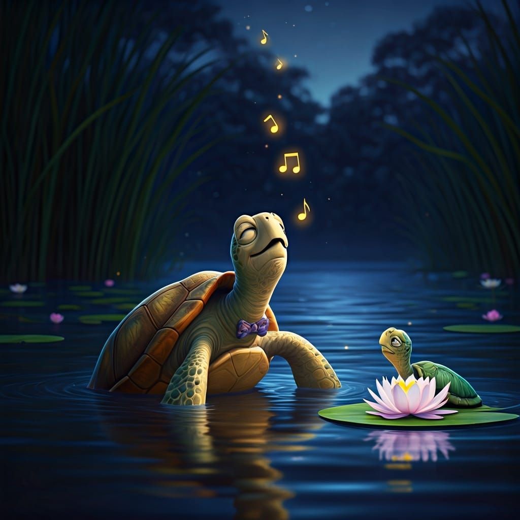 Romantic Turtles Serenaded in Moonlit Pixar Scene