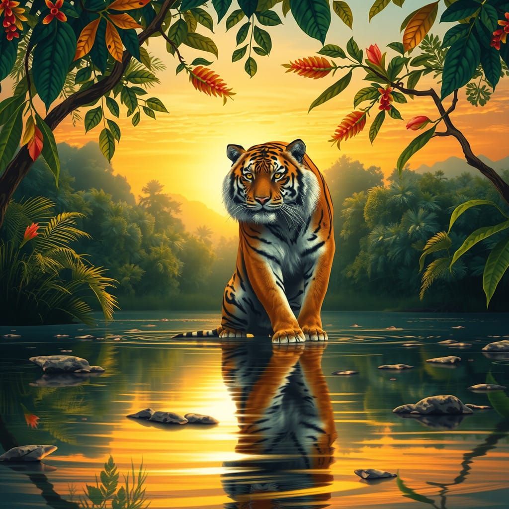 Golden Tiger at Sunset in a Lush Jungle Canopy