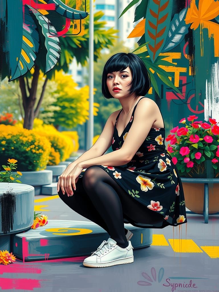 Vibrant Fauvist Woman in Urban Park