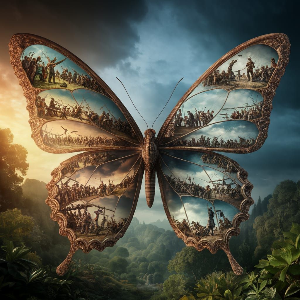 Intricately Textured Butterfly with Miniature Battle Scenes