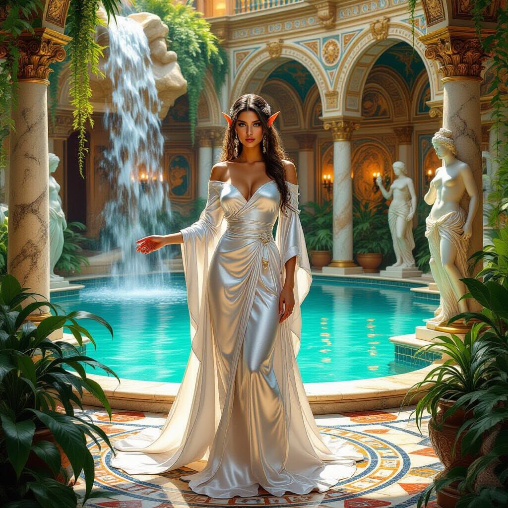 Elven Woman in Roman Bathhouse, Fantasy Oil Painting