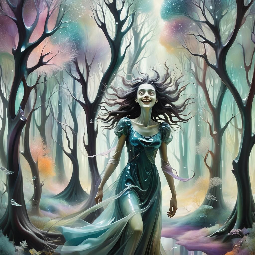 Laughing Figure in Surreal Crystalline Forest