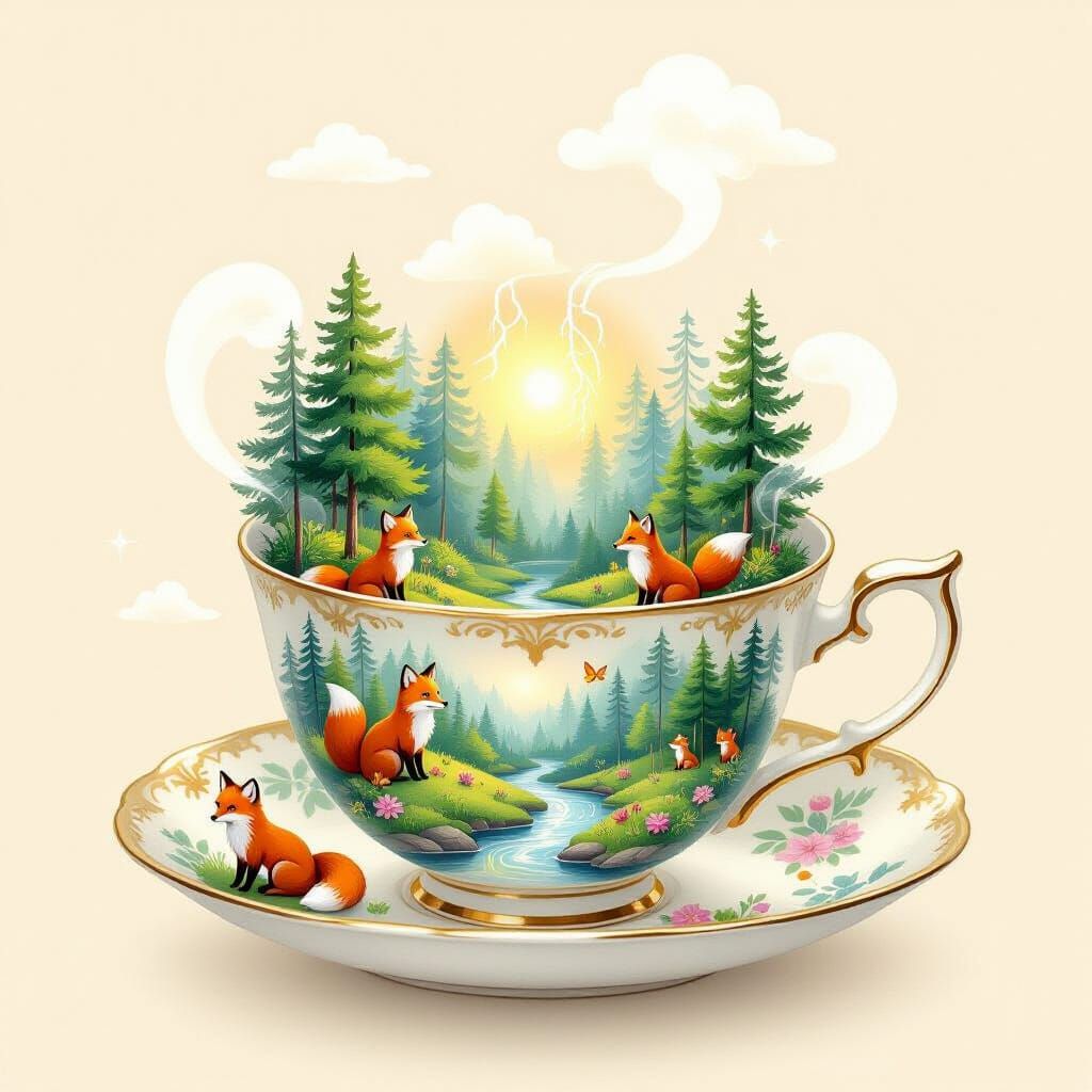 Miniature Forest in Teacup, Whimsical Illustration