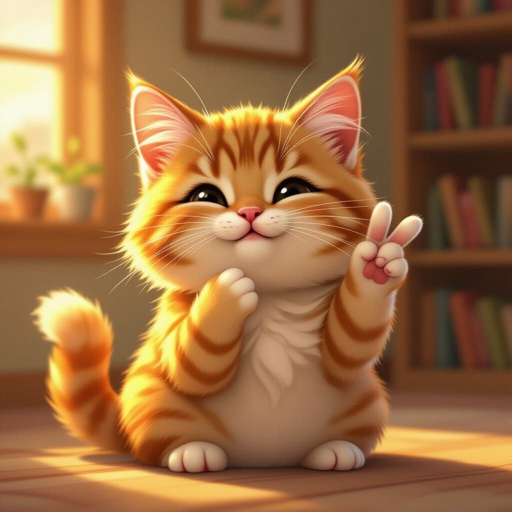 Fluffy Ginger Cat Blowing Kiss with Peace Sign