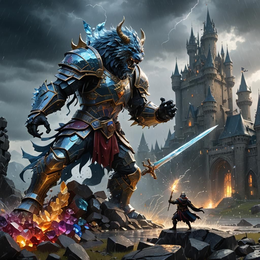 Crystal Knight Battles Gemstone Beast in Stormy Landscape