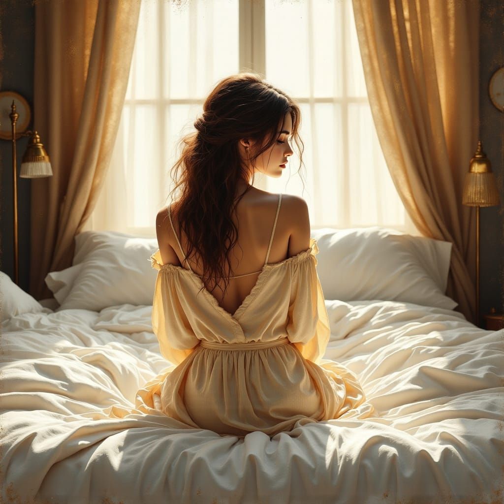 Woman in Silk Pajamas, Chiaroscuro Oil Painting