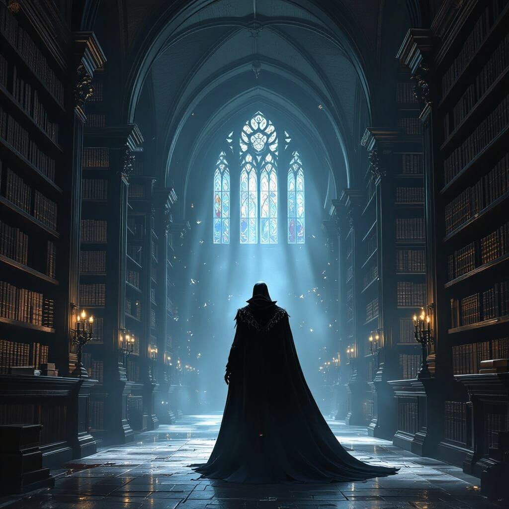 Gothic Vampire Silhouette in Ancient Library