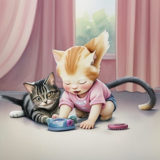 Toddler and Cat Tail: Whimsical Watercolor Illustration