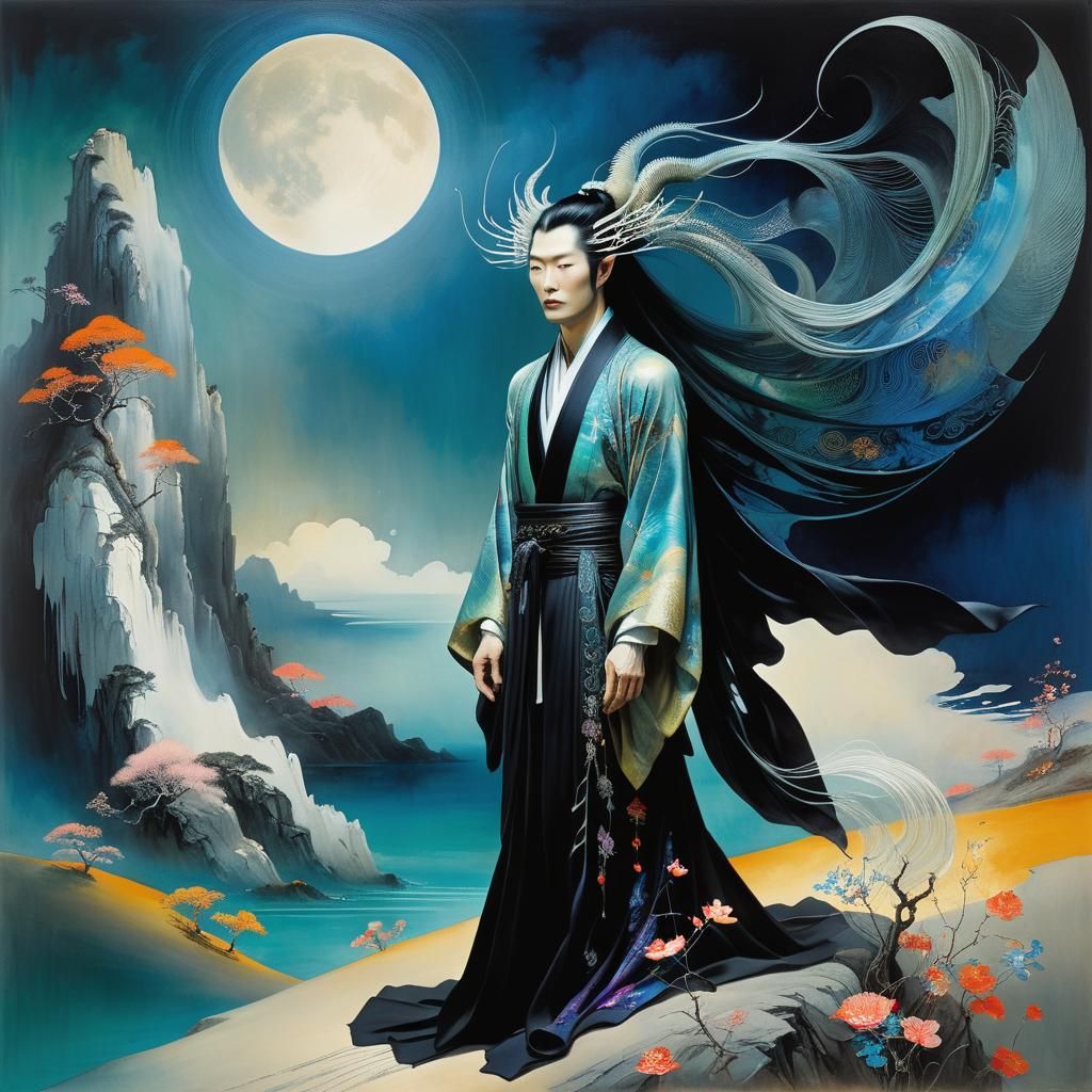 Asian Man in Kimono with Nacreous Lighting