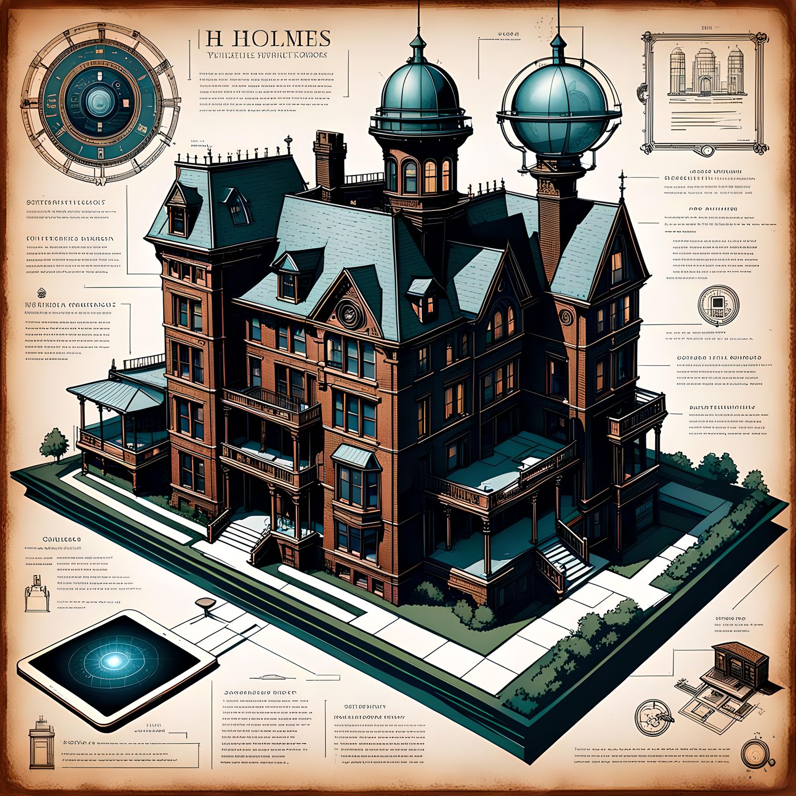 Smart Home: Victorian-Steampunk Technical Whiteprint Illustr...