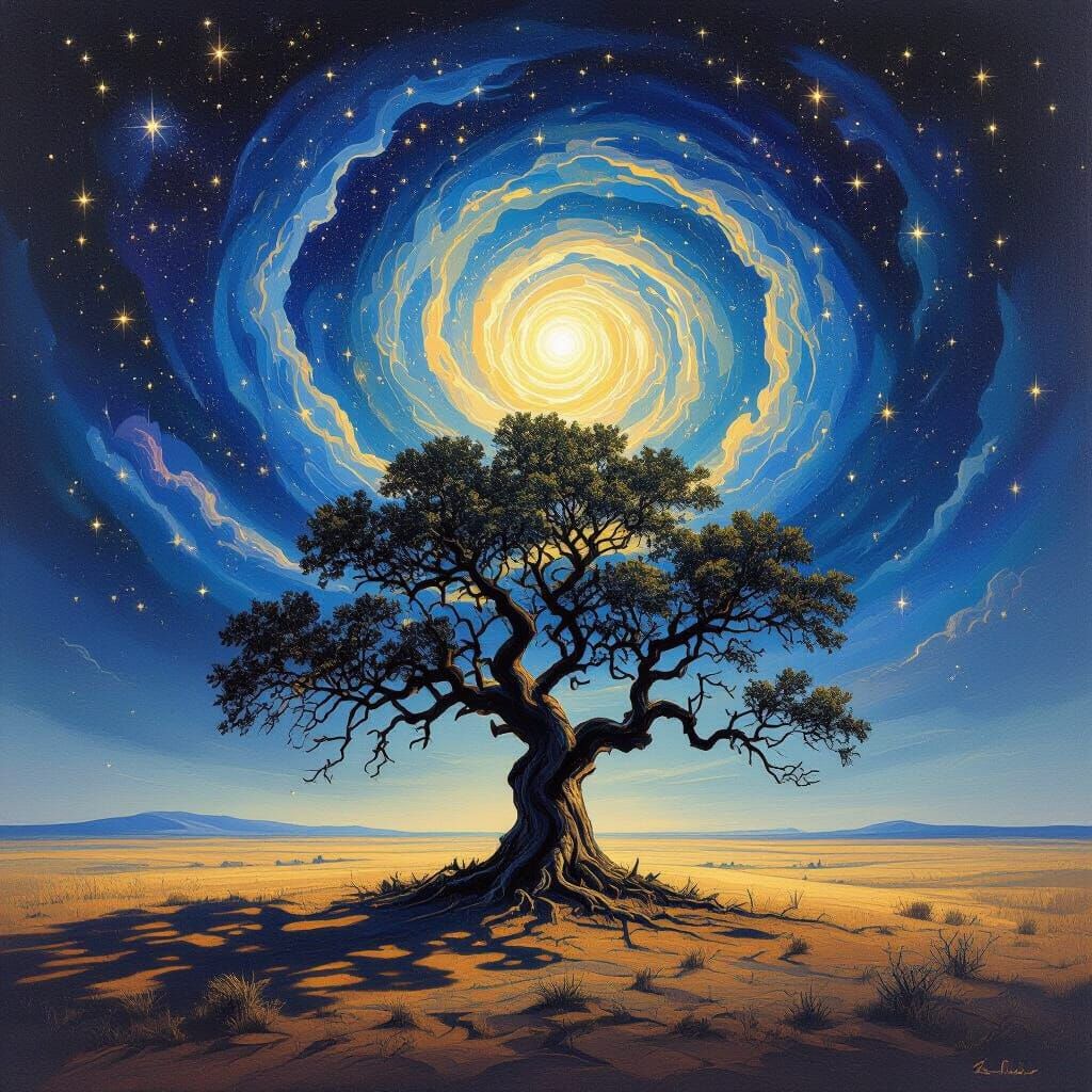 Surreal Oak Tree Under Starry Sky Painting