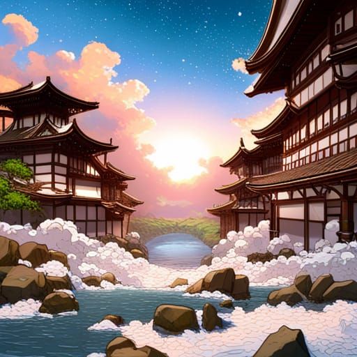 Japanese Kanji Characters Floating in River, Hyperdetailed A...