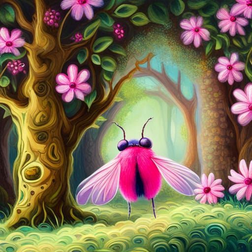 Fuzzy Neon Pink Insect in Cottagecore Setting