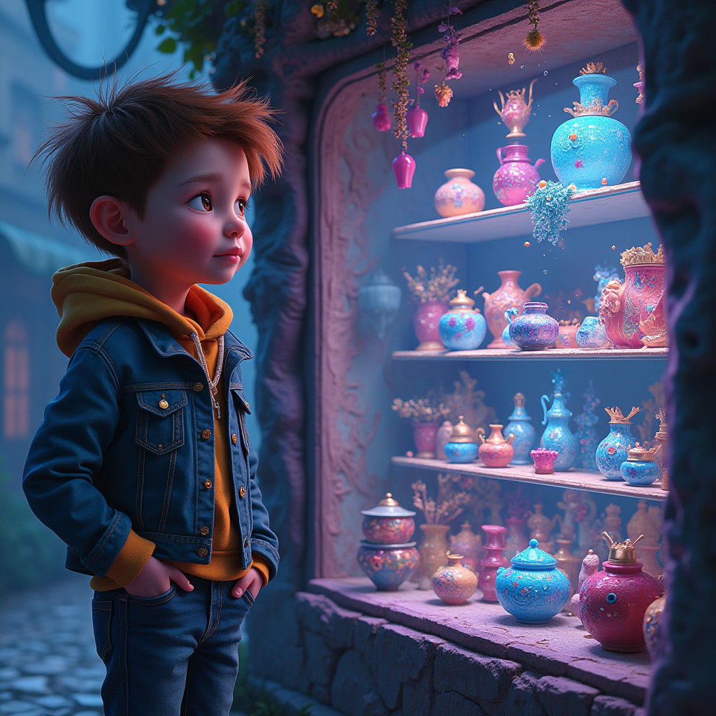 Boy and Shop Window Reflection in Fantasy Style