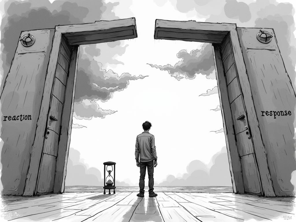 Contemplative Figure at Doors in Ink Sketch Style