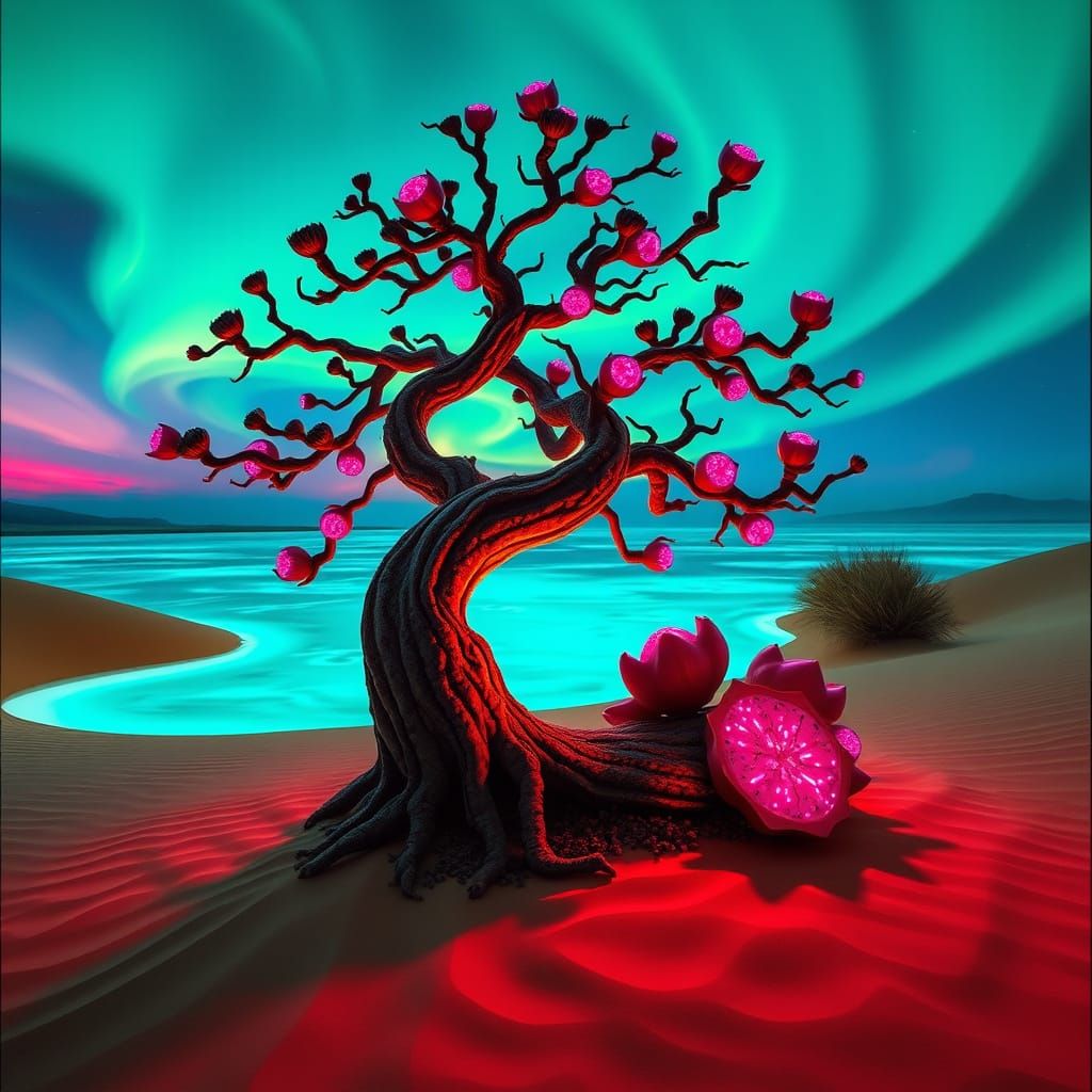 Majestic Bonsai Oasis with Bioluminescent Dragonfruits
