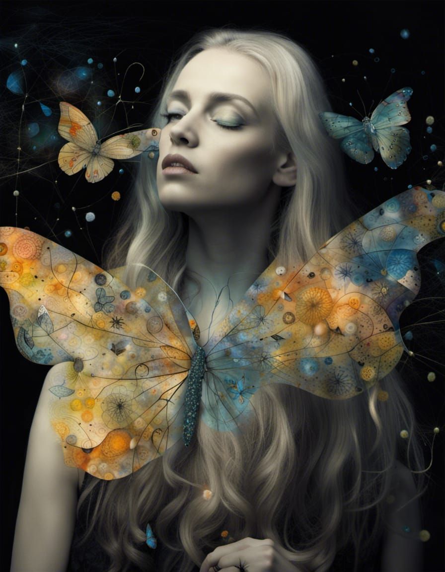Dandelion Dreamscape: Woman with Butterfly Wings in Abstract...