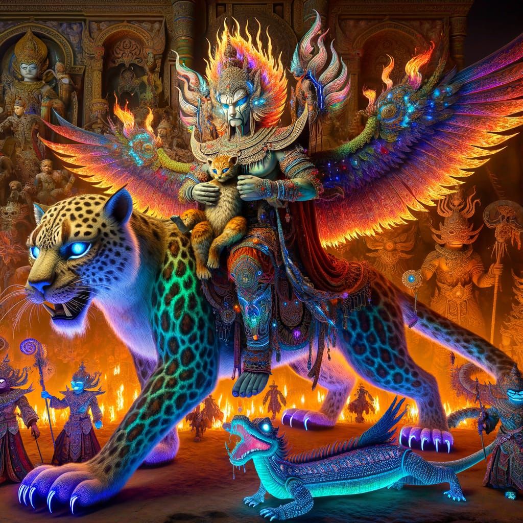 Feline Deity with Baby Leopard Amidst Fiery Figures