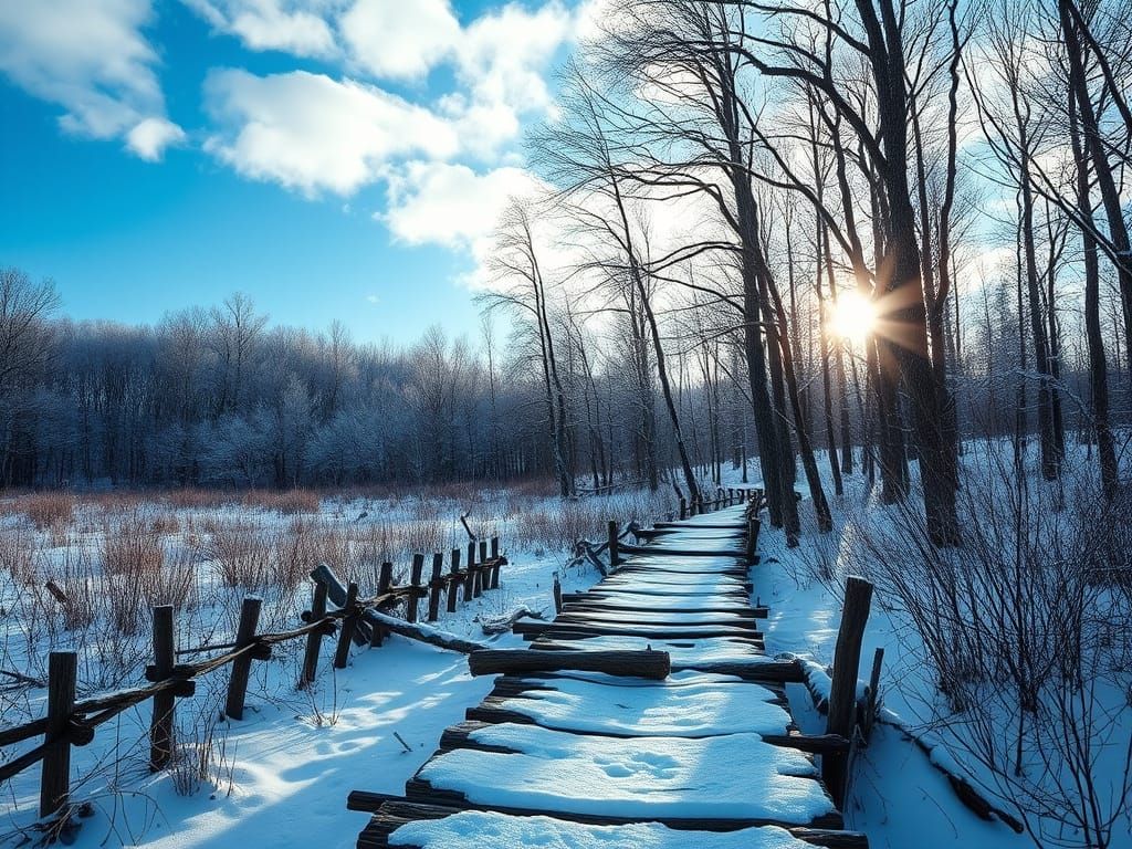 Snowy Forest Boardwalk Under Sunny Winter Sky