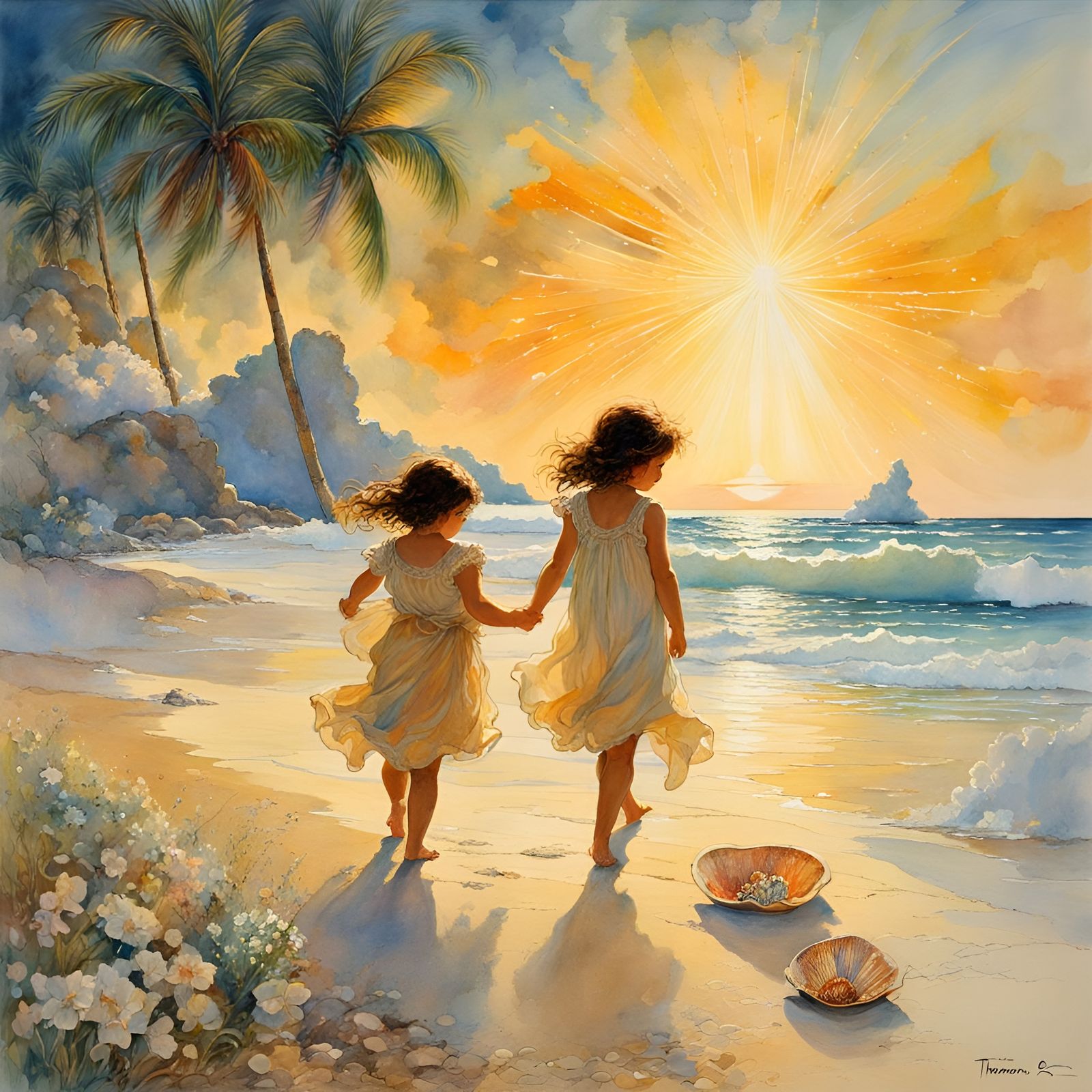 Children Gathering Shells: Watercolor Beach Scene
