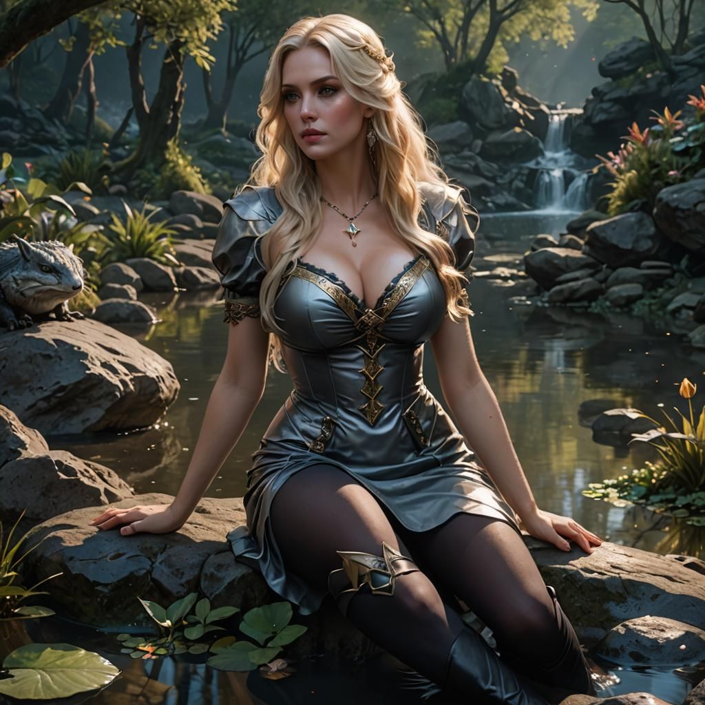 Fantasy Woman at Pond Edge in Hyperdetailed Digital Art