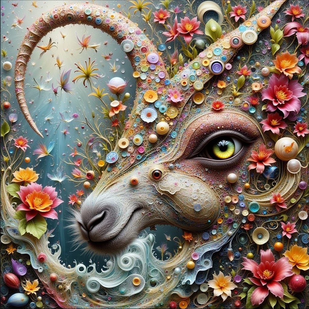 Surreal Patchwork Quilt Cliffs With Robot and Goat Friend