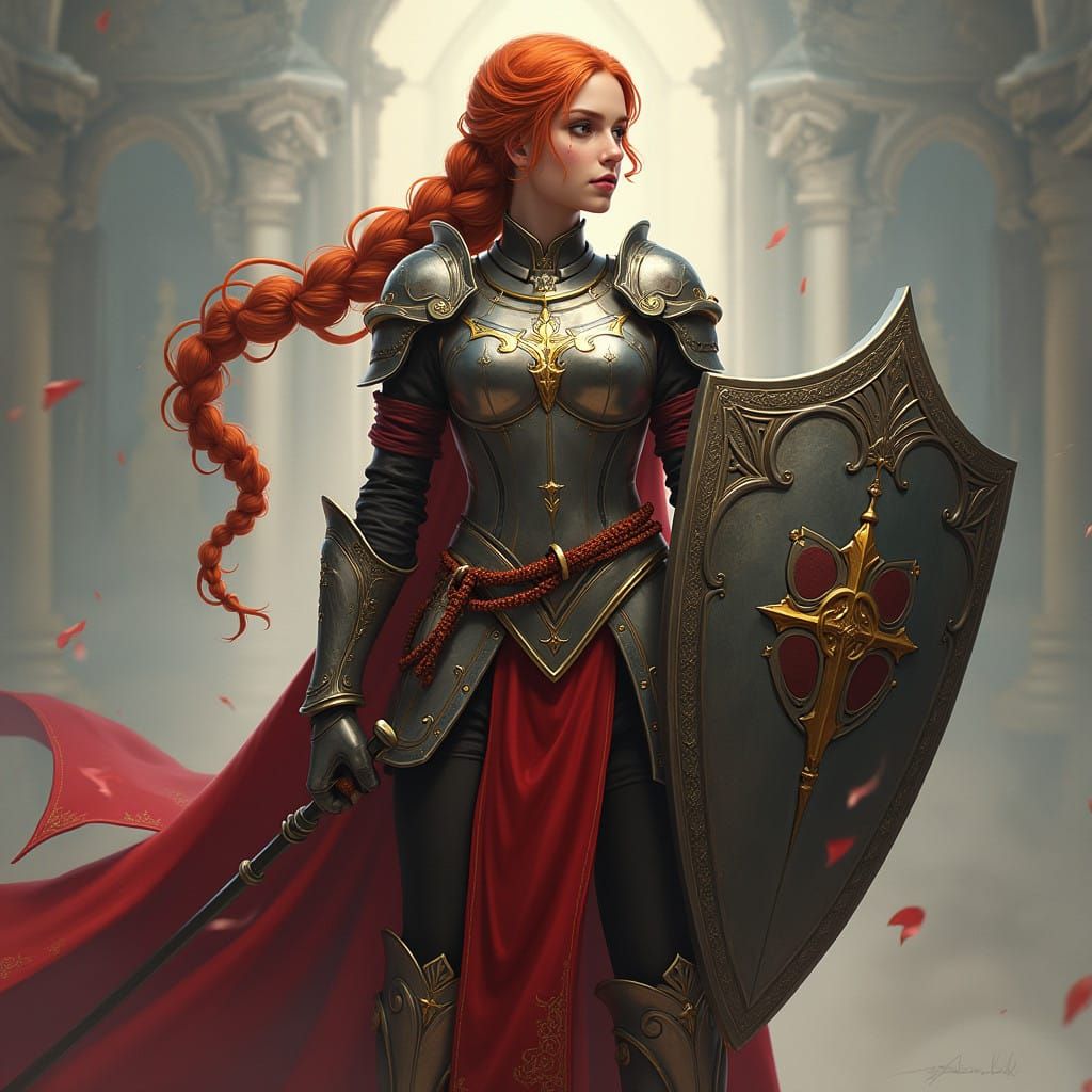 Young Female Cleric in Ornate Armor, Wielding Shield
