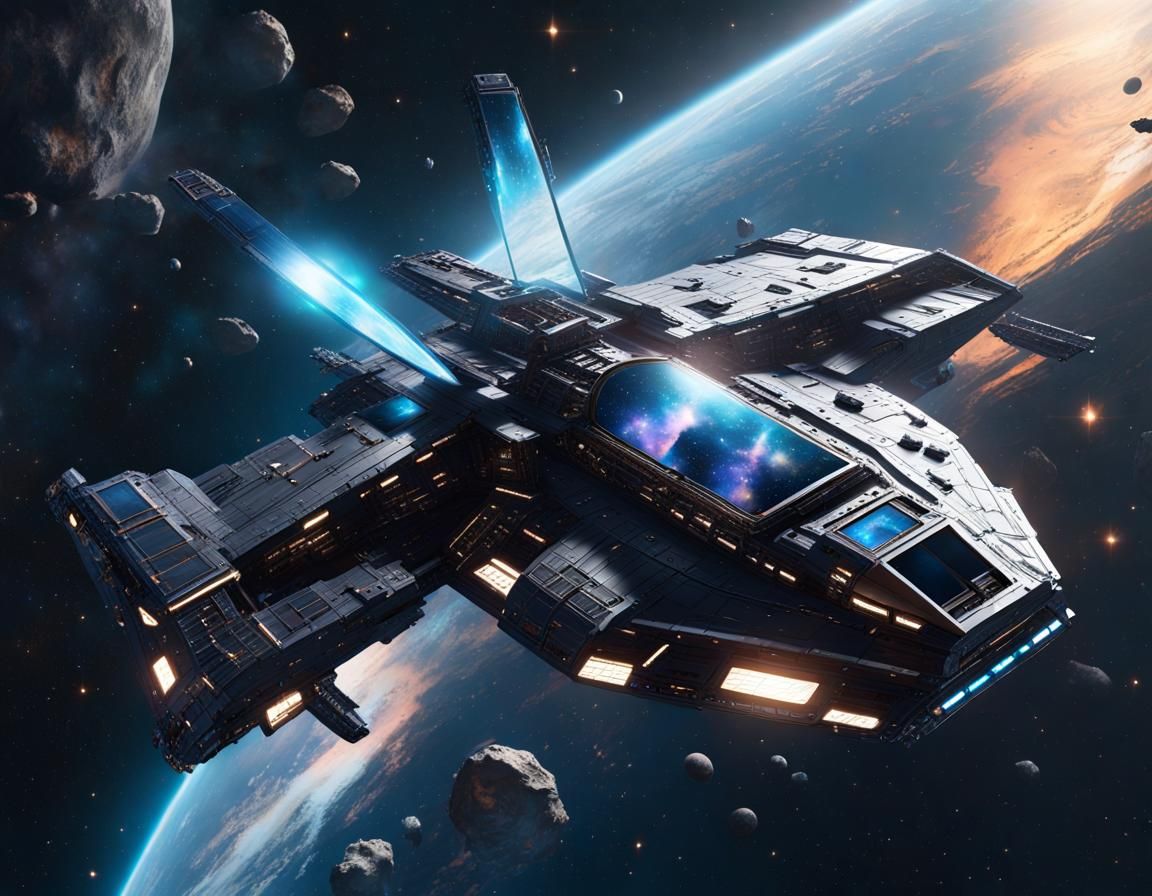 Futuristic Spacecraft in Asteroid Belt: Lunarpunk Style