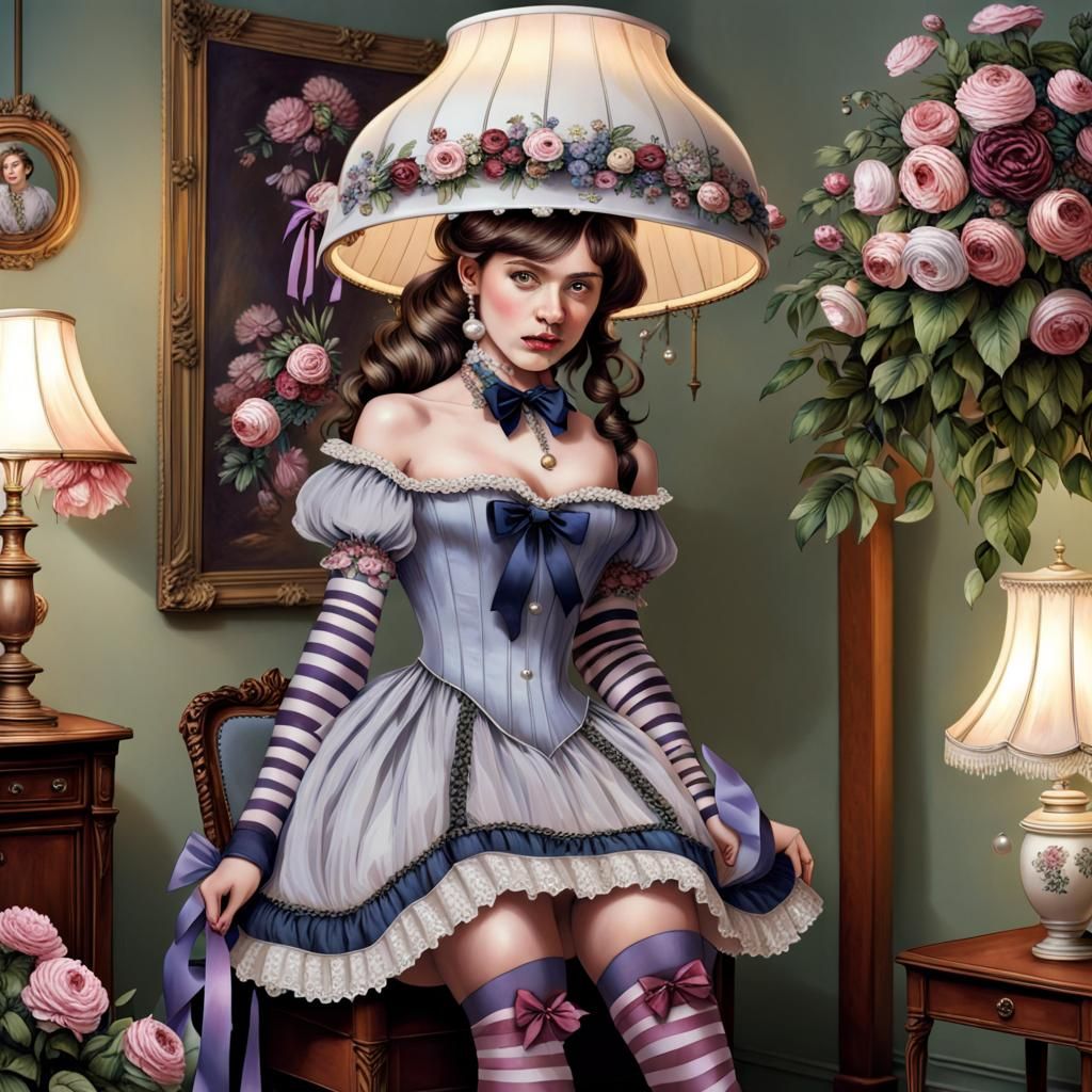 Hyperrealistic Victorian Coquette with Floral Lampshade