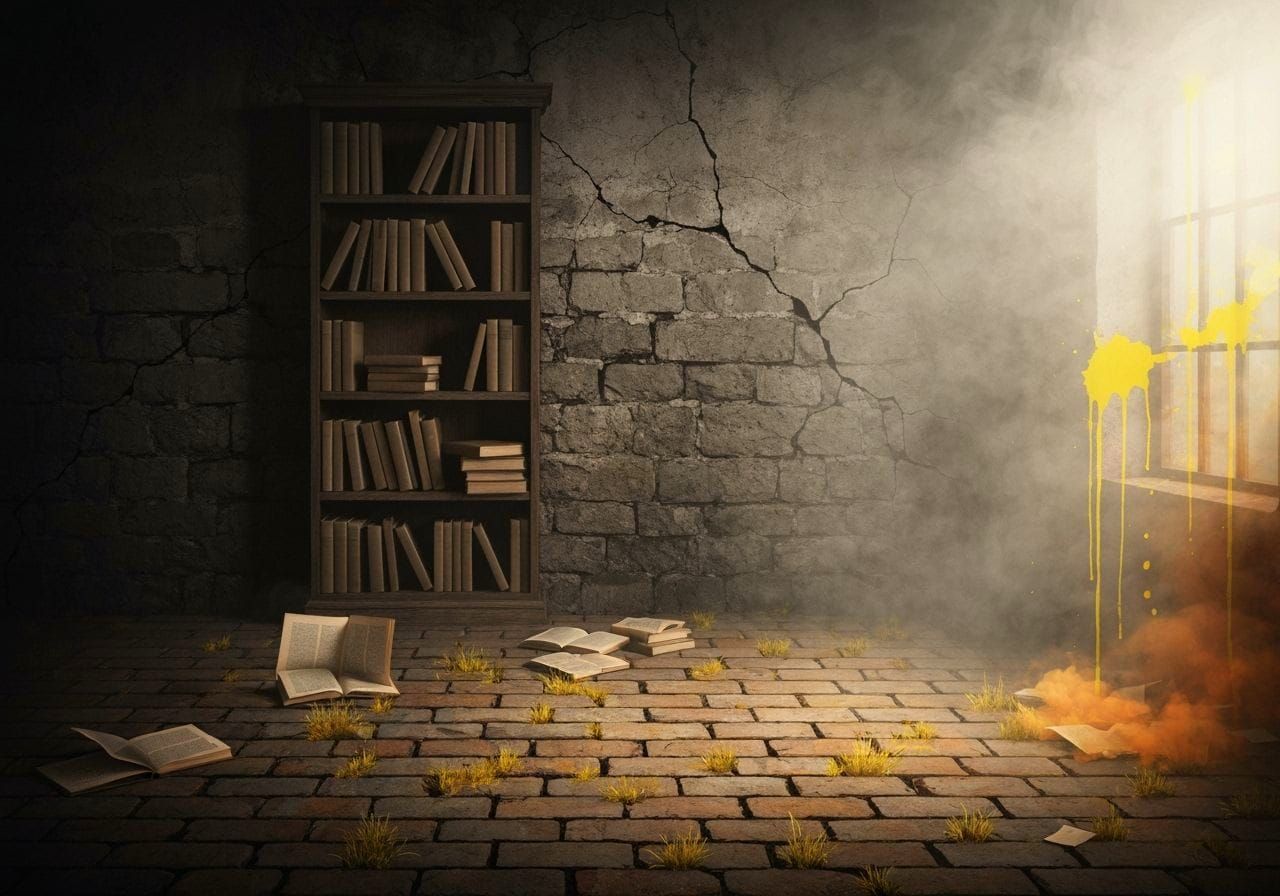 Surreal Room with Bookcase in Ink Painting Style