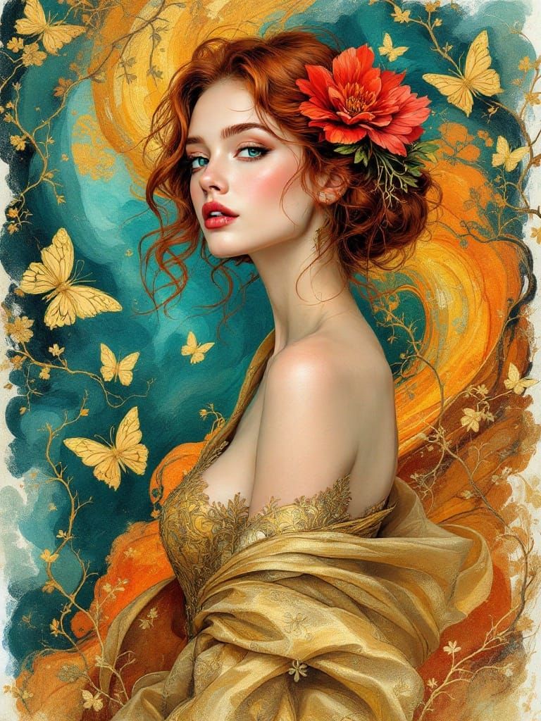 Ethereal Goddess in Vibrant Gold and Teal