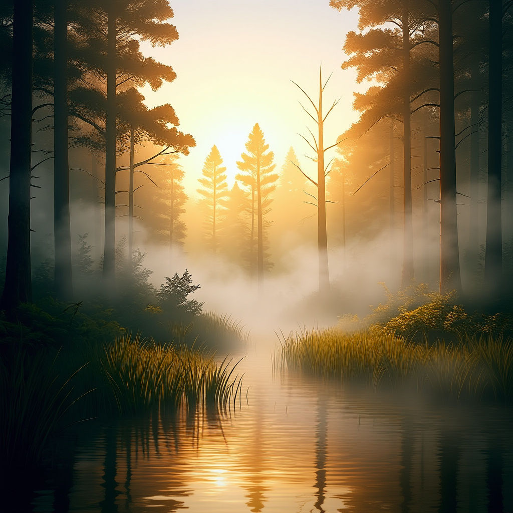 Foggy Forest and Swamp at Sunrise