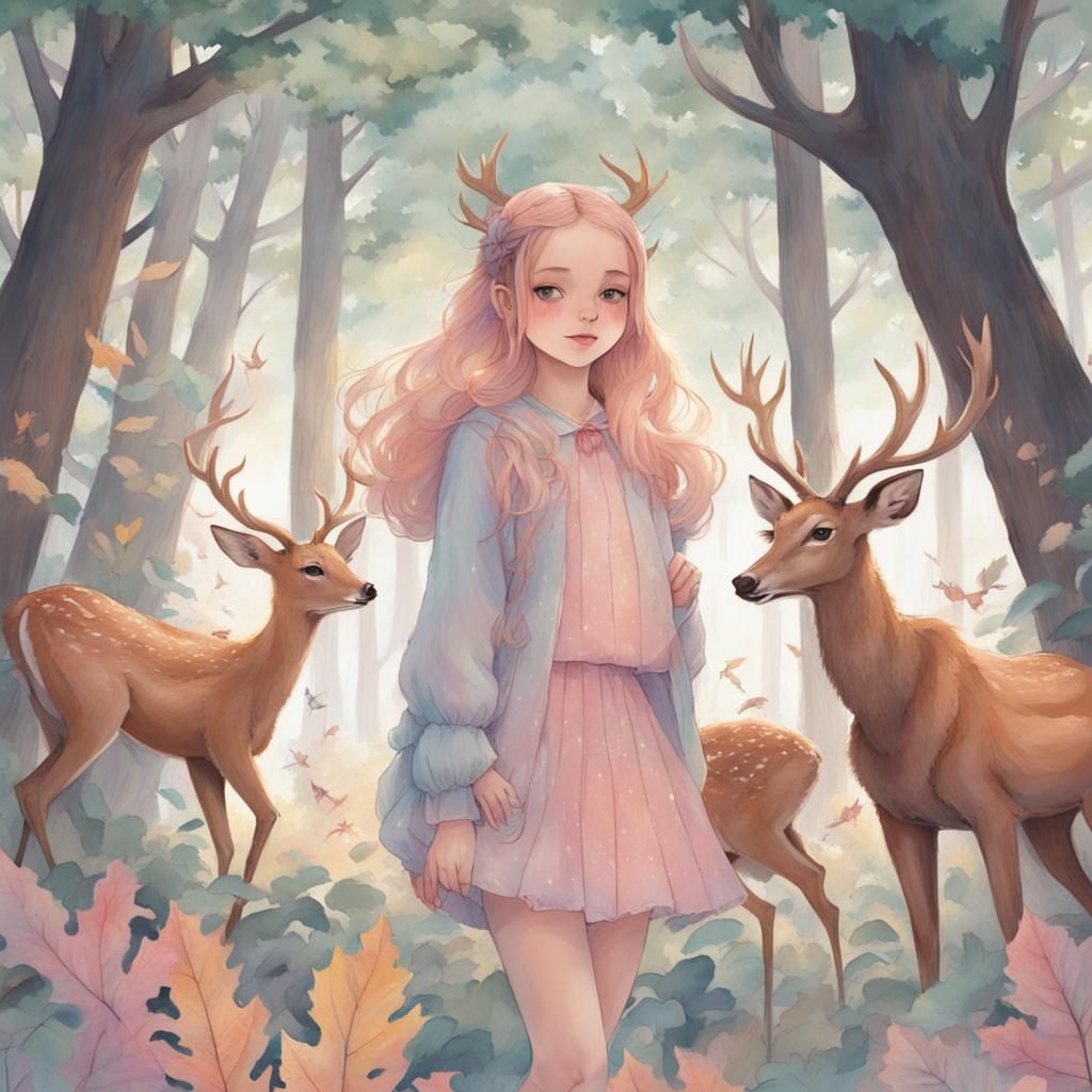 Girl with Deer in Pastel Autumn Forest