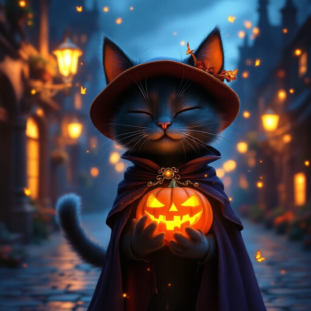 Enchanting Halloween Cat in Spooky Town