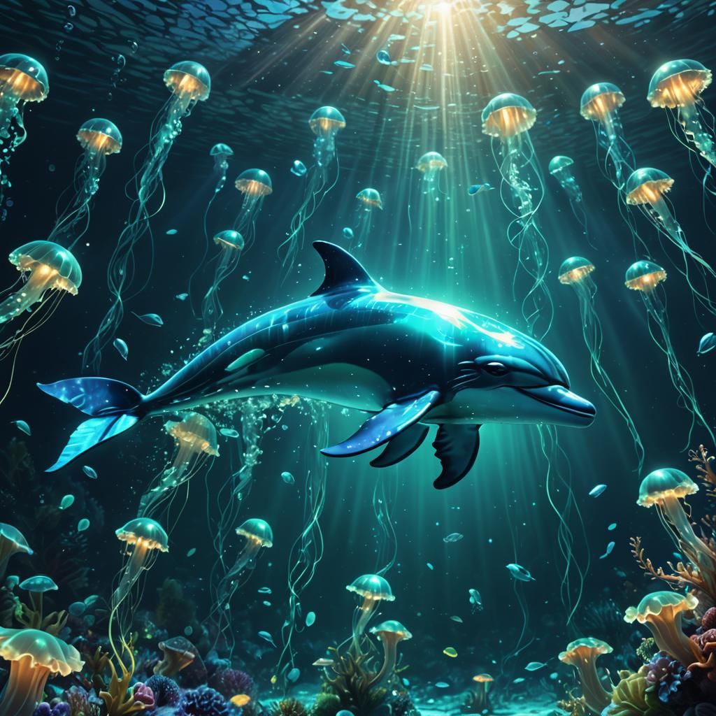 Bioluminescent Glass Dolphin and Jellyfish in Dreamy Ocean
