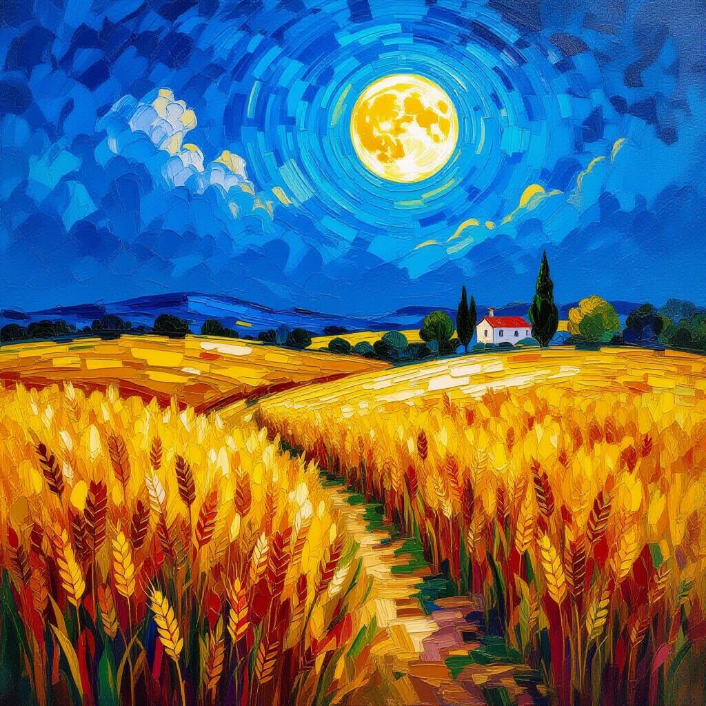 Golden Wheat Fields Under Rising Moon Oil Painting