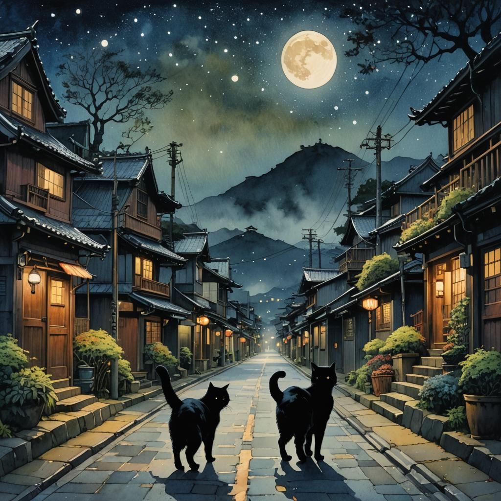 Black Cat in Shimoda: Moody Watercolor Fantasy