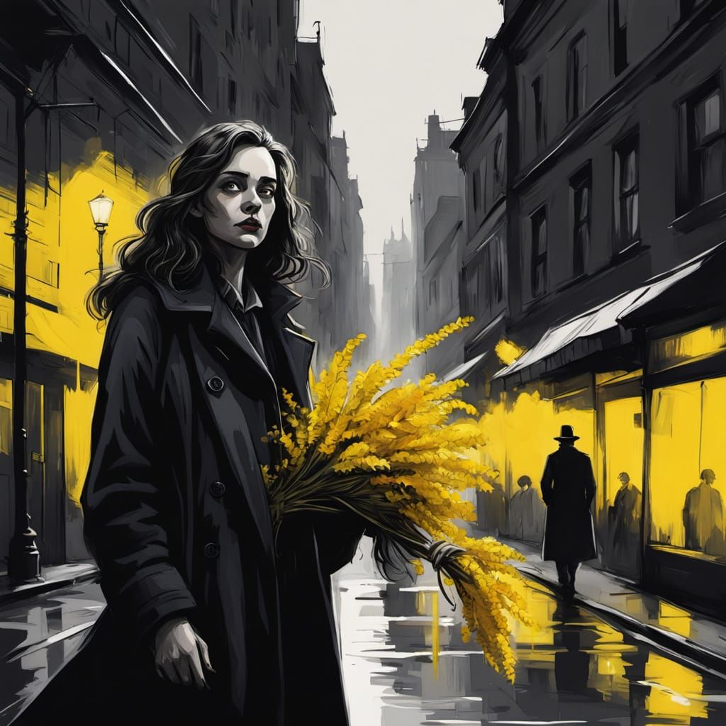 Noir Woman with Yellow Flowers in Grayscale