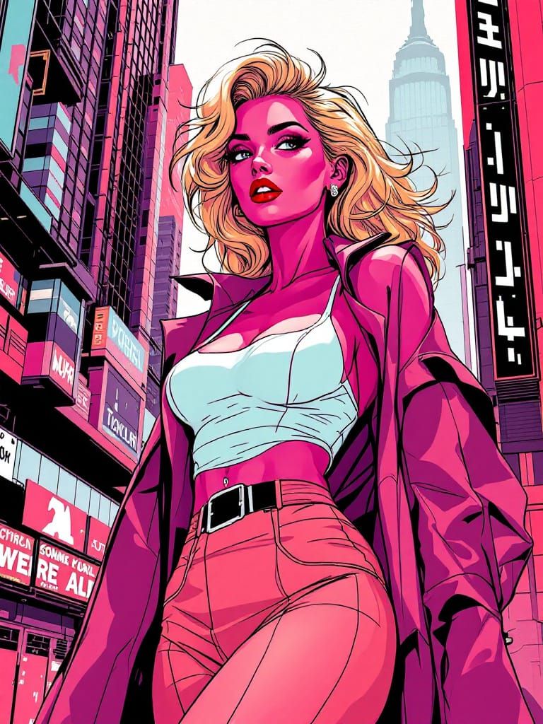 Retro-Futurist Cityscape with Pin-Up Woman in Graphic Style
