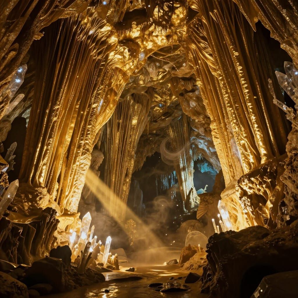 Golden Cave System With Crystalline Formations