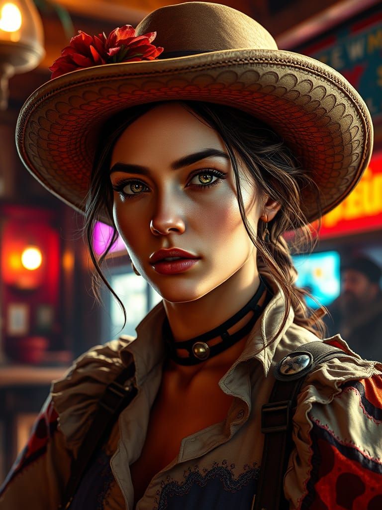 19th Century Woman in Wild West Saloon, Close-Up Hyperrealis...