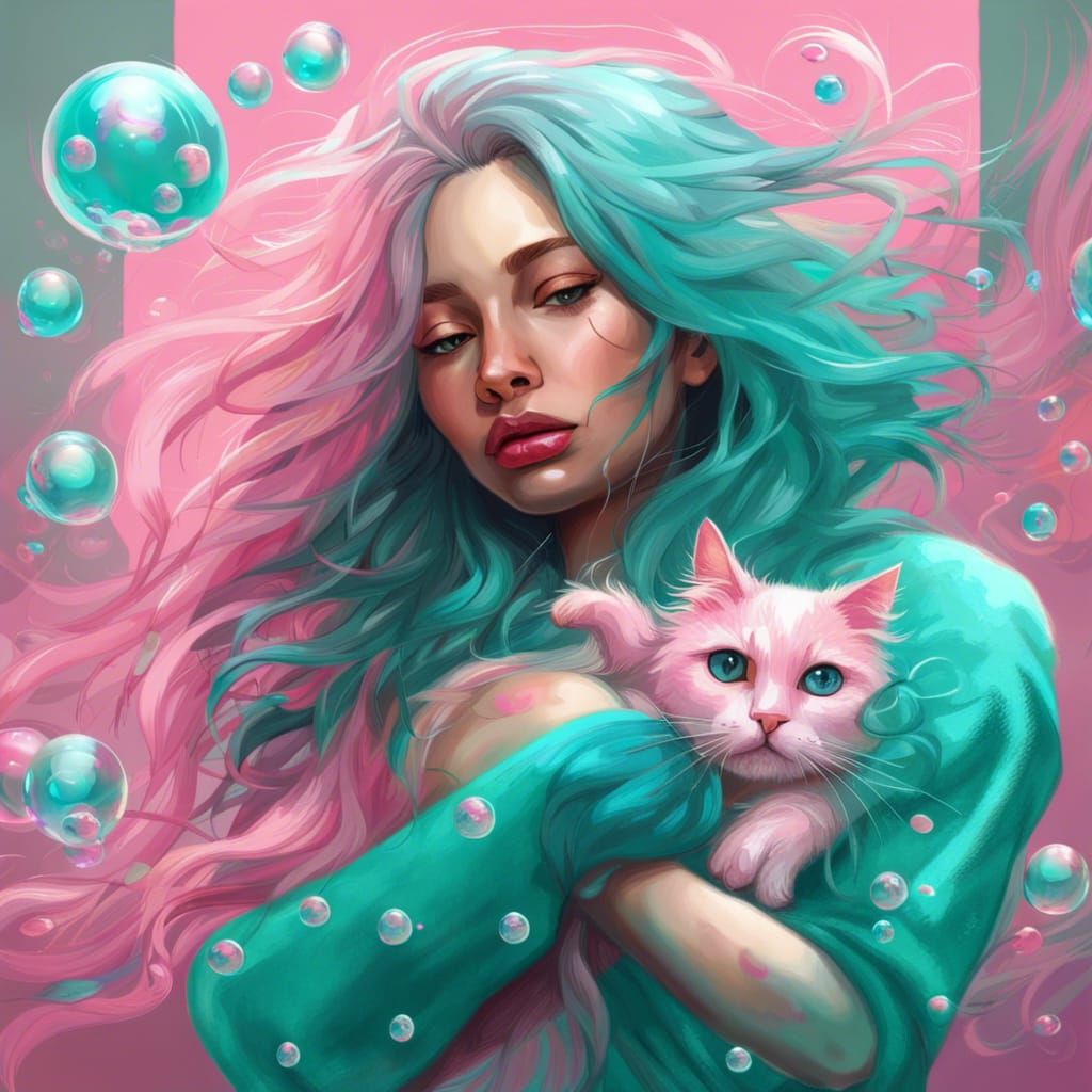 Sad Woman with Cat, Hyperrealistic Digital Art
