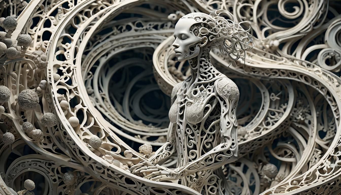 Humanoid Figure in Swirling Bone Structures: Ethereal Digita...