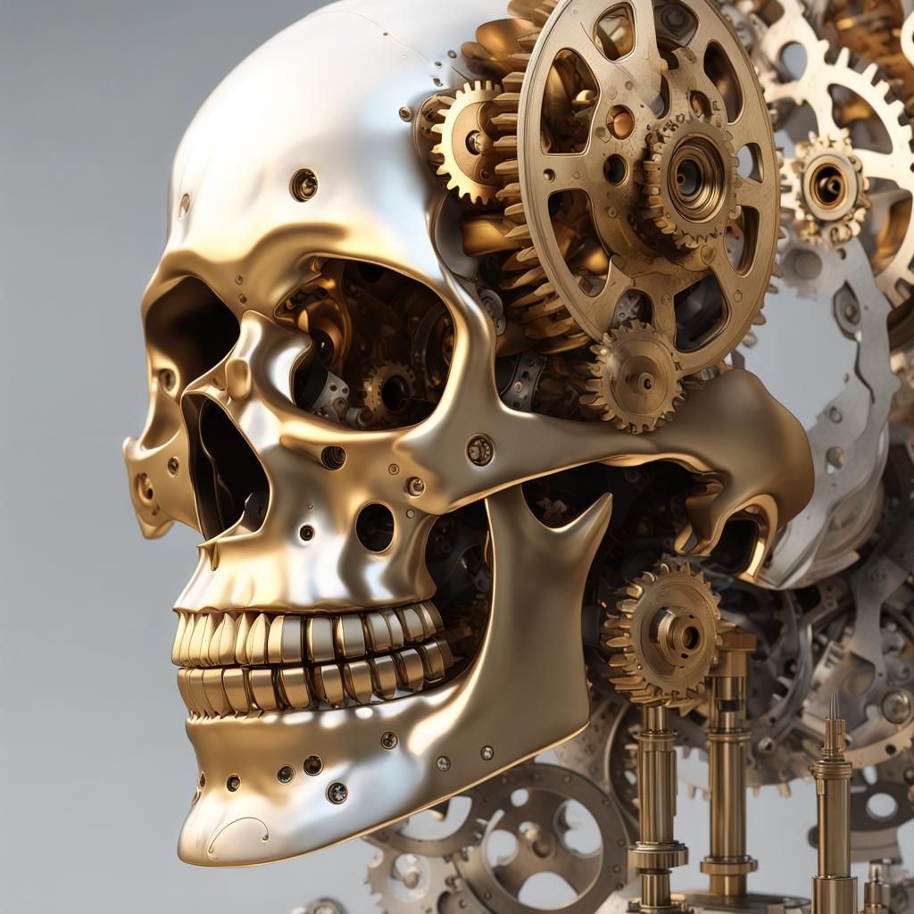 Mechanical Skull Portrait in Gold and White